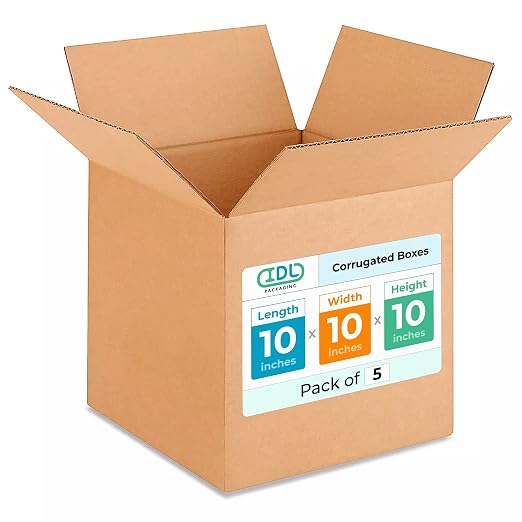 Medium Cube Moving & Shipping Boxes 10 x 10 x 10 inches (5-Pack) - Extra Strength 200 lb vs Regular - USA-Made Corrugated Cardboard Boxes for Delivery - Shipping Box - Corrugated Box by IDL Packaging