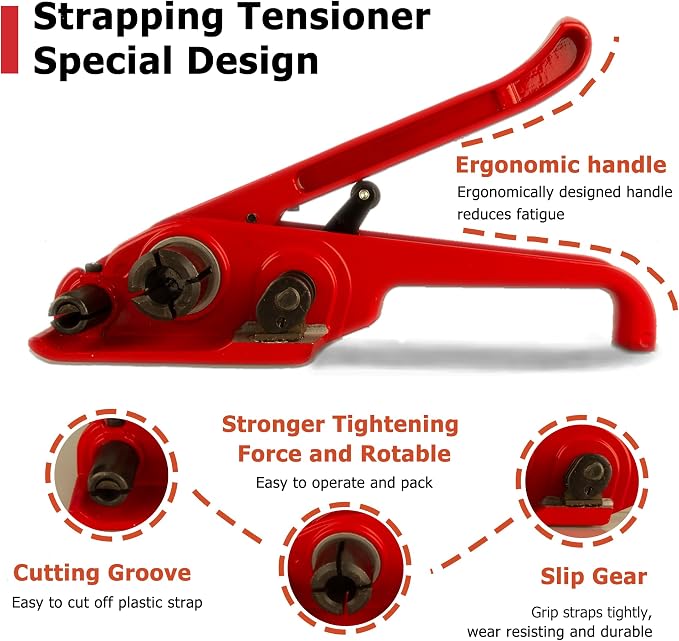Heavy Duty Poly Strapping Tensioner with Cutter - Manual Strap Tool for 1/2"-3/4" PET & PP Strap, Durable Tensioner Tool for Home Moving & Commercial Shipping (Red, 8 Packs)