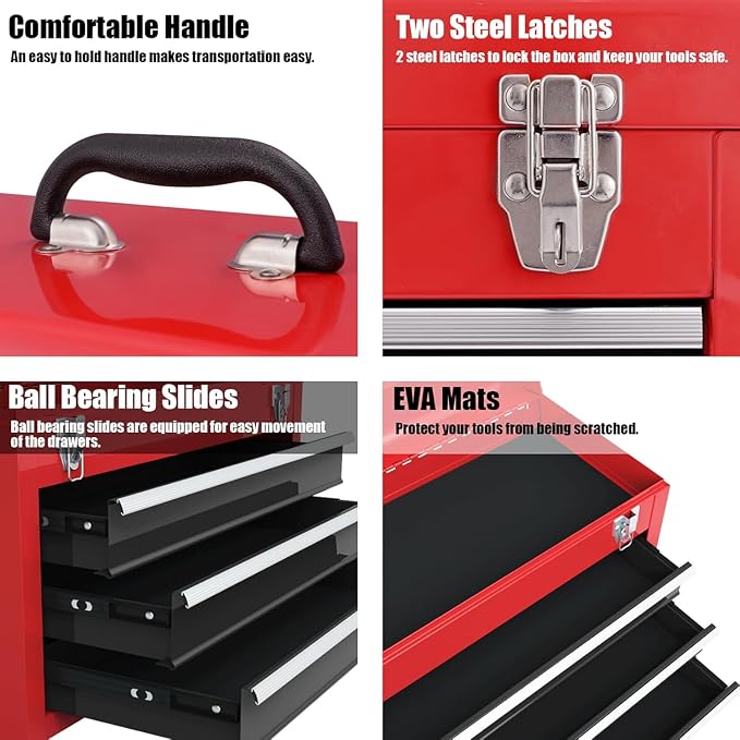 ERGOMASTER Portable Tool Box, Metal Tool Box with 3 Drawers, Lockable Heavy Duty Tool Chest Storage Toolbox for Garage, Workshop(Black+Red)