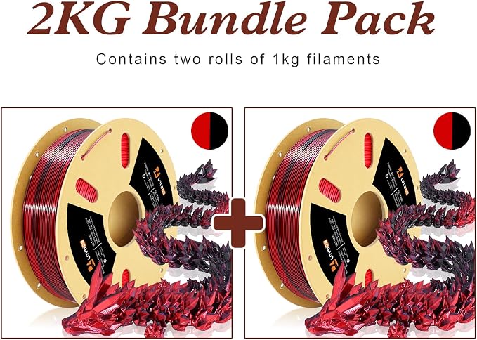 LOVOON PLA 3D Printer Filament Silk Bundle 2KG, PLA Filament 1.75mm Shiny Dual Color Change by Angle, 3D Printing Filament Bundle of Silk Black/Red, 1KG X 2 Spools