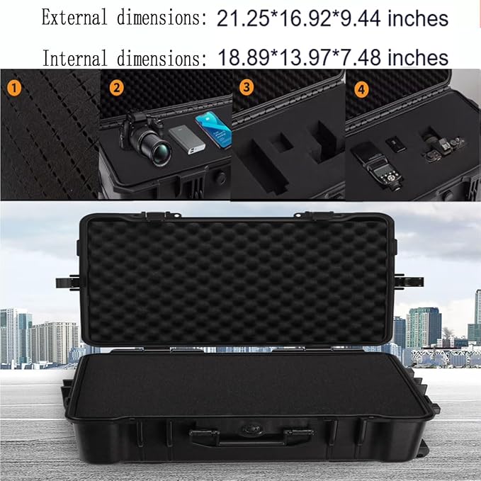 21" L x 16" W x 10" H Large Hard Case with Foam, Portable Rolling Hard Case with Wheels, Waterproof Shockproof Dustproof, Suitable for Cameras, Lenses, Camcorder, Instrument, Telescopes