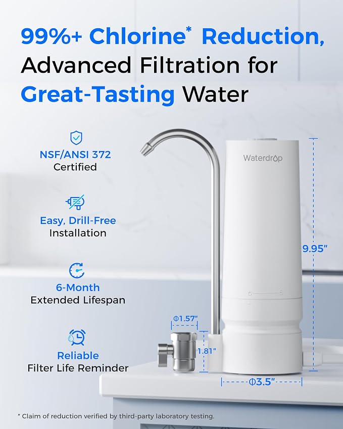 Waterdrop CTF-05 Water Filter for Sink Faucet, Countertop Water Filter System and Filter Life Reminder, Reduces Heavy Metals, Bad Odor, and 99% Chlorine, 4000 Gallons, 1 Filter