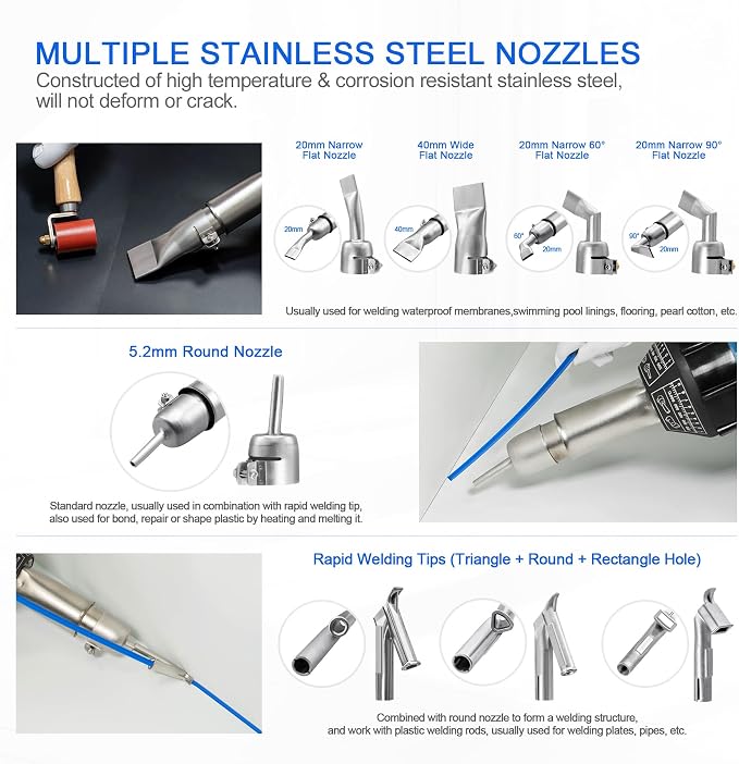 Hot Air Plastic Welder 1600W, Complete Accessories & Nozzles for Plastic Welding Roofing Kit 110V, Vinyl PVC TPO Roof Handheld Hot Air Heat Gun Plastic Welding Torch