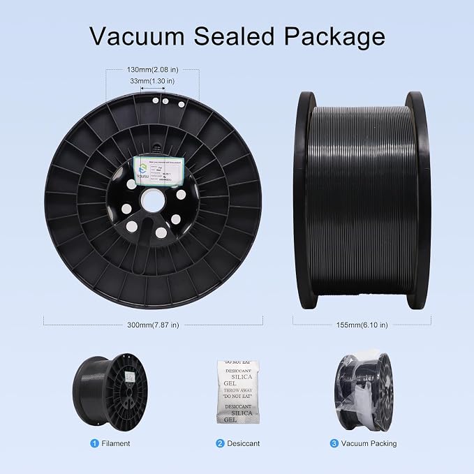 YOUSU PLA 5kg 3D Printer Filament Bundle 1.75mm, Print with Most FDM 3D Printers, 11lbs, 1 Pack 5kg Large Spool, Accuracy +/- 0.02mm, Black