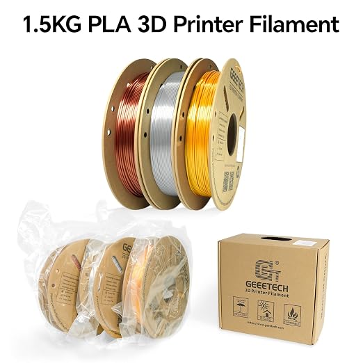 Geeetech Bundle Silk PLA Filament 1.75mm for 3D Printer, Metal-Like Shiny 3D Filament, 3 Spools Pack, 0.5kg/Spool, Dimensional Accuracy +/- 0.02 mm, Metallic Silver+Copper+Gold