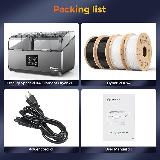 Creality Filament Dryer 4 Spools,Space Pi X4 Filament Storage Box: Dual Independent Heating Chambers Up to 85℃, Auto Silent Power Saving Storage with 4kg Hyper PLA (Black/White)
