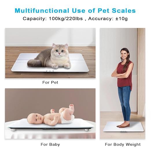 UNIWEIGH Digital Pet Scale 220lbs x10g Accuracy for Dog/Cat Animal Scales | 3 Weighing Units/Tare/Hold Function,Baby Scale for Pets,Tempered Glass Material,USB charging,Large LED Platform Scale,white