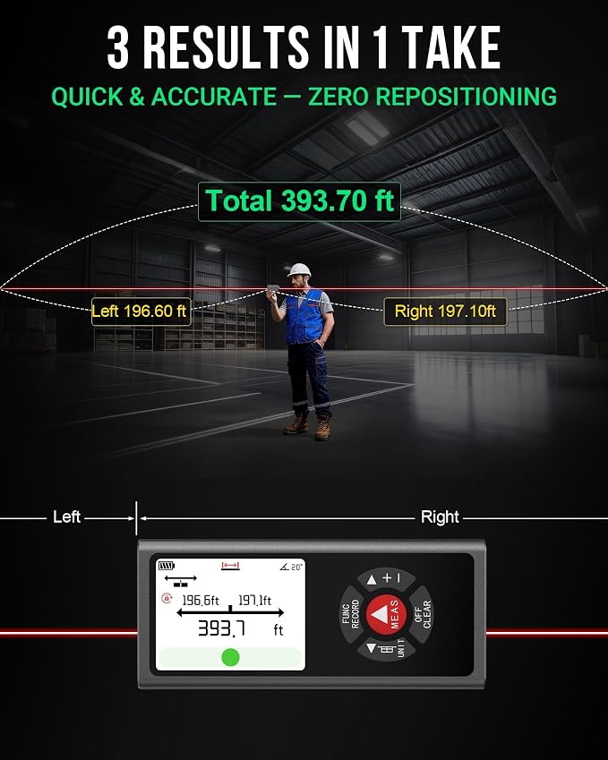 Dual Laser Measuring Tool 393Ft — Measure Both Directions at Once, Rechargeable Distance Meter with Angle Sensor & Level Bubble, 10 Modes for Construction and Home Renovation, IP54 Aluminum