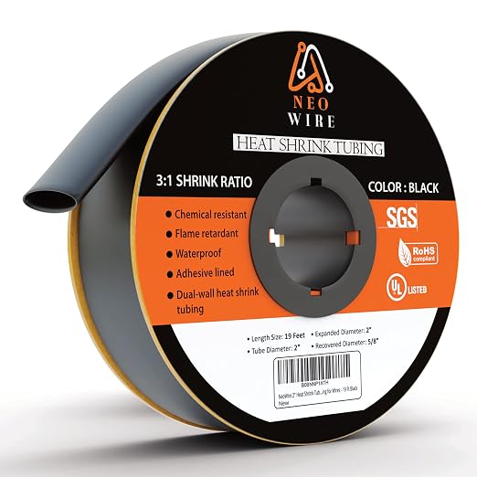 Heat Shrink Tubing 2", (50mm) 3:1 Ratio Shrink Tube Industrial and Marine Grade, Dual Wall Adhesive Lined Wire Shrink Wrap Tubing, 19 Feet Black Roll