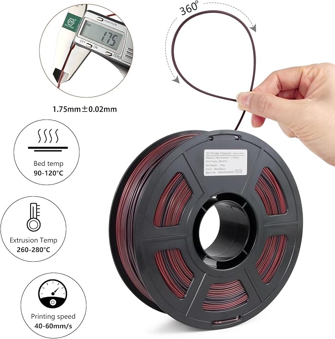 Colored ASA Filament 1.75 +/- 0.02mm - UV/Rain/Heat Resistant Durable 3D Printer Filament, No Warping, Non Odor & Fumes - Perfect for Outdoor Functional Mechanical Parts, 1kg Spool/Red+Black