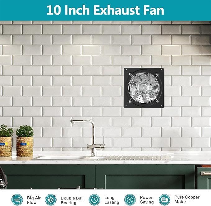 HG Power 10 Inch Metal Exhaust Fan with Switch, 988 CFM Powerful Garage Exhaust Fan with Damper, Potable Wall Mount Fan Fume Extractor Ventilation Fan for Shop, Shed, Basement, Chicken Coop, Black
