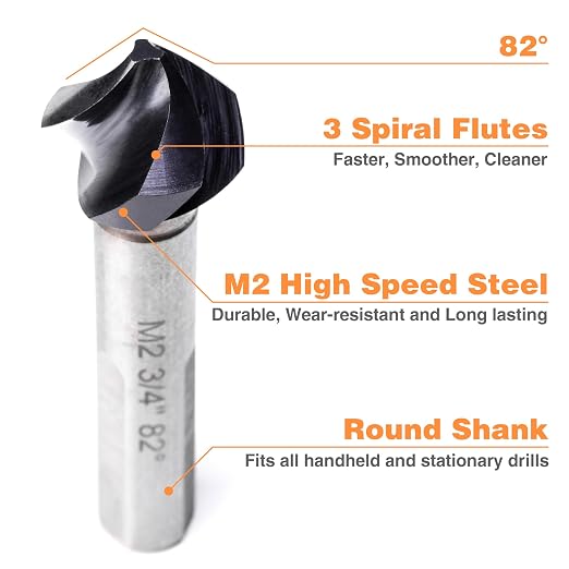 Countersink Drill Bit Set, 5 Pieces M2 High Speed Steel with 82 Degree, 3 Spiral Flutes, Tri-Flat Shank, Cutter Bit Countersink in Size 1/4" 3/8" 1/2" 5/8" 3/4" for Wood, Metal, Plastic...