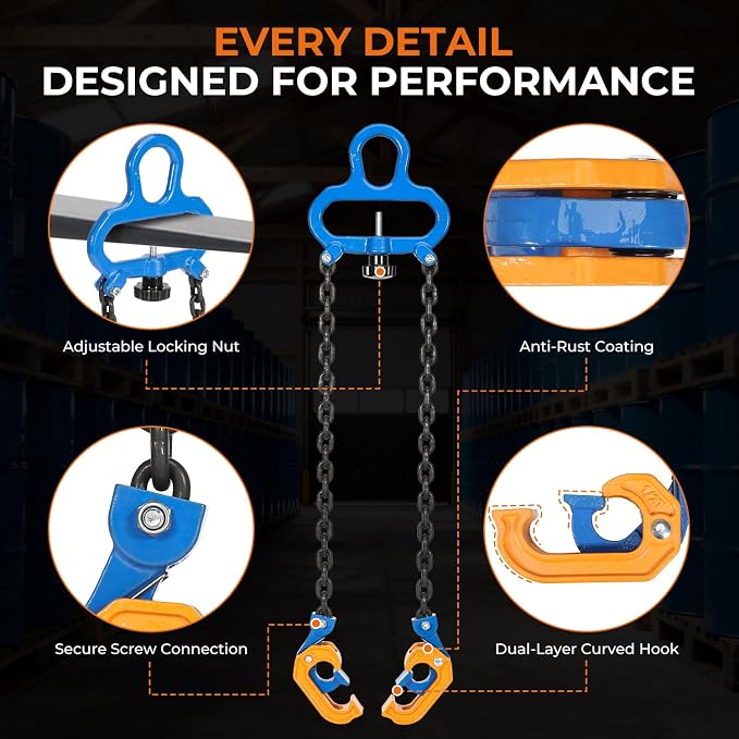 BEAMNOVA Upgraded Chain Drum Lifter 1 Ton / 2200lbs Loading Capacity for 55 Gallon Drums Forklift Hoist Crane Metal Plastic Barrel Double Lifting Chains, Double Hooks & Chains