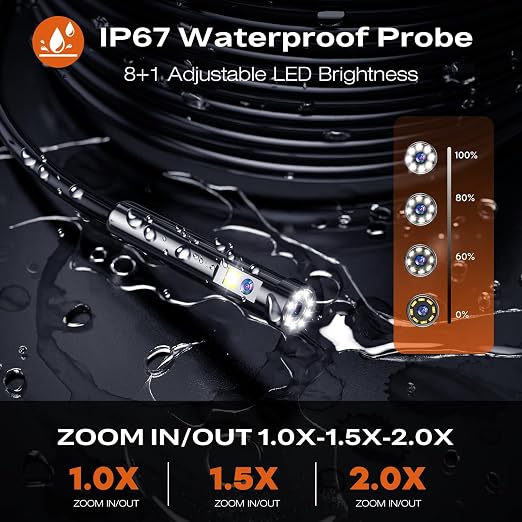 Borescope Dual Lens Endoscope Camera with Light, 4.3" IPS 1920P HD Inspection Camera, 7.9mm IP67 Waterproof with 8+1 Adjustable LEDs, 16.5FT Semi-Rigid Snake Cable for Mechanic, Cool Gadgets for Men