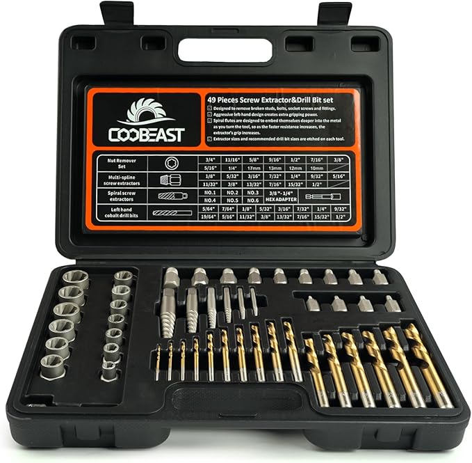 Coobeast 49Pcs Bolt Extractor Kit with Left Hand Drill Bit, Screw Extractor Set Heavy Duty, Bolt Extractor & Reverse Drill Bit Easy Out Damaged Nuts Stripped Screw with Portable Case Great Mens Gift