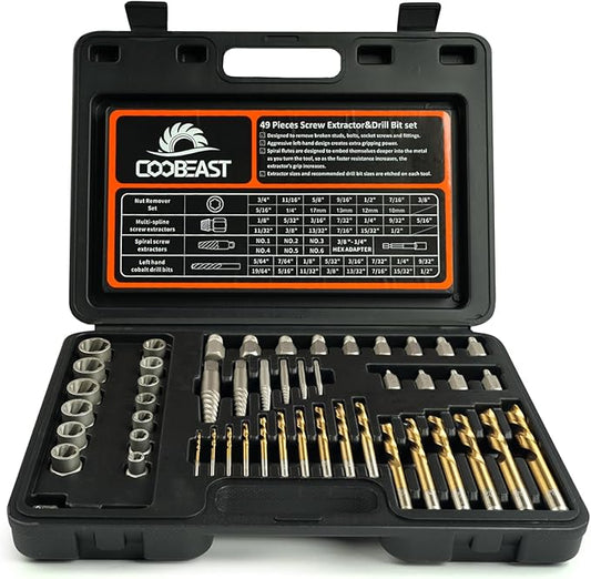 Coobeast 49Pcs Bolt Extractor Kit with Left Hand Drill Bit, Screw Extractor Set Heavy Duty, Bolt Extractor & Reverse Drill Bit Easy Out Damaged Nuts Stripped Screw with Portable Case Great Mens Gift