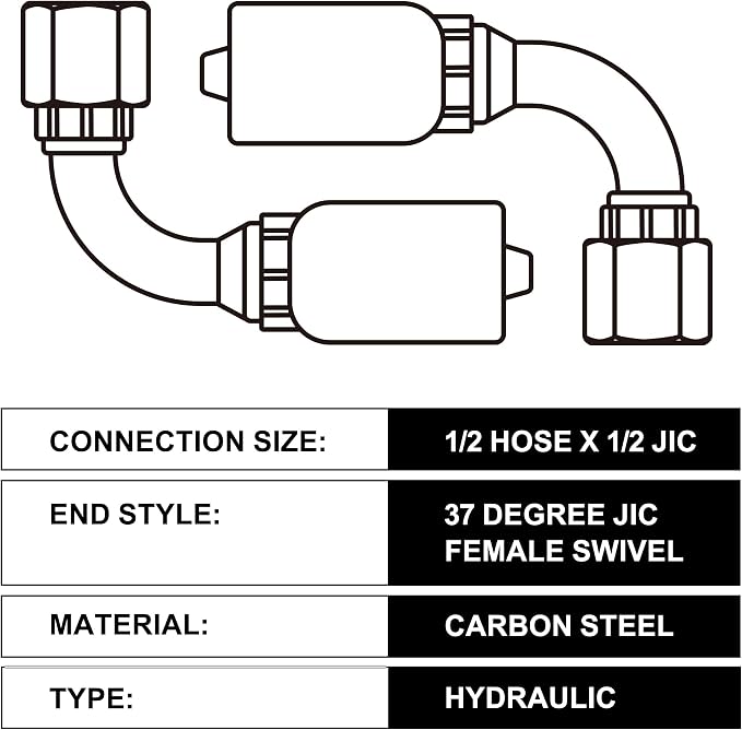 1/2'' Hydraulic Fittings 90 Degree, 1/2'' JIC × 1/2'' Hose, Size #08 Single Wire Hydraulic Hose Repair Kit, 10PCS