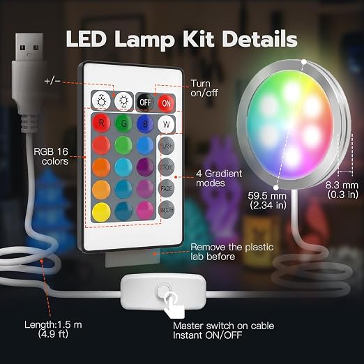 3D Printer LED Lamp Kit 001 with 24-Key Remote Control 16-Colors Changing | 3D Printer Light for Bambu Lab H2D/A1/A1mini/P1S/P1P/X1C, 5V USB Powered Maker's Supply Hardware Kit for MakerWorld（3 Sets）