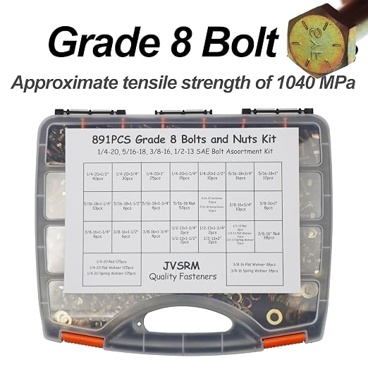 891Pcs Grade 8 Bolts and Nuts Kit - 1/4-20, 5/16-18, 3/8-16, 1/2-13 SAE Hex Bolt Assortment with Washers, Yellow Zinc Plated, Storage Case for Heavy Equipment & Farm Machinery