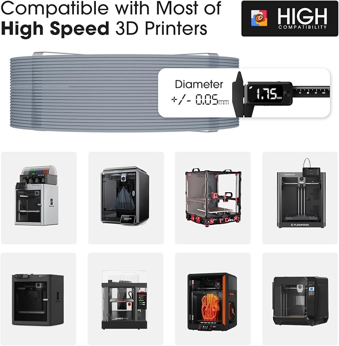 eSUN PLA Basic Refilament 1.75mm, 3D Printer Refill High Speed PLA for Fast Printing, 1KG Spoolless 3D Printing Filament for High Speed 3D Printers, Silver