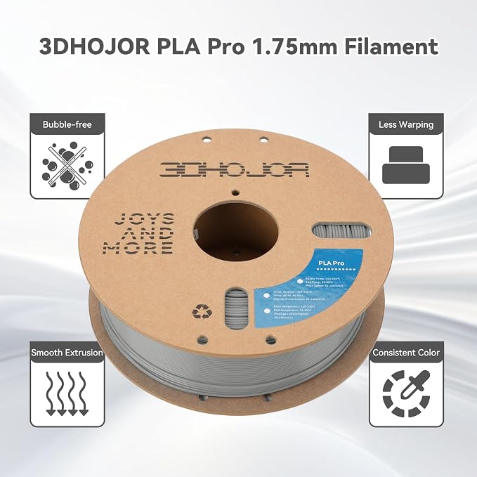 3DHoJor PLA Pro (PLA+) Filament 1.75mm, 3D Printer Filament, Cardboard Spool, Dimensional Accuracy +/- 0.03 mm - Silver, 1kg