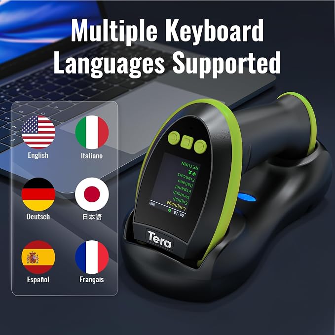 Tera Barcode Scanner Wireless with Screen: Pro Version 1D 2D QR with Setting Keypad Charging Cradle Works with Bluetooth 2.4G Wireless USB Wired Handheld Bar Code Reader HW0009 Green