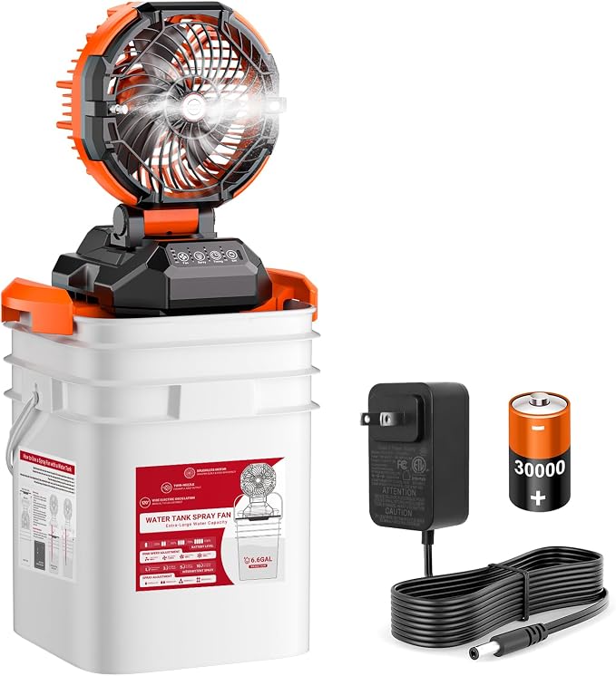 Portable Misting Fan with 25L Bucket, Rechargeable Battery Powered Floor Cooling Fan with 4 Strong Winds, 4 Spray Mister, Adjustable Base for 10-13in Bucket for Camping, Beach, Patio-Orange