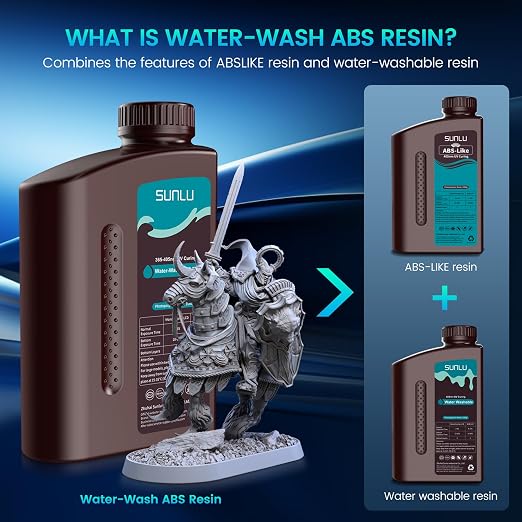 SUNLU 2000g Water-Wash ABS Resin, Combines features of ABSLIKE Resin & Water Washable Resin, Non Brittle, High Precision, Low Shrinkage, Fast Curing 3D Resin for LCD DLP SLA 3D Printers, 2KG Grey