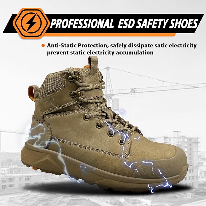 Men Work Boots 6 Inch Lightweight - ESD Shoes, Aluminum Alloy Toe and Puncture Proof ASTM 2413, Oil and Slip Resistant, Premium Water Resistant Genuine Leather Industrial Safety Boot