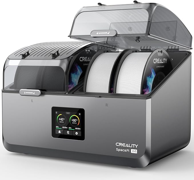 Creality Filament Dryer 4 Spools,Space Pi X4 Filament Storage Box: Dual Independent Heating Chambers Up to 85℃, Auto Silent Power Saving Storage and Active Dehumidification with 4kg PETG (Black/White)
