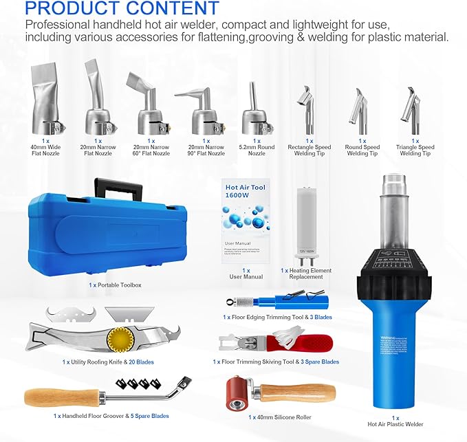 Hot Air Plastic Welder 1600W, Complete Accessories & Nozzles for Plastic Welding Roofing Kit 110V, Vinyl PVC TPO Roof Handheld Hot Air Heat Gun Plastic Welding Torch