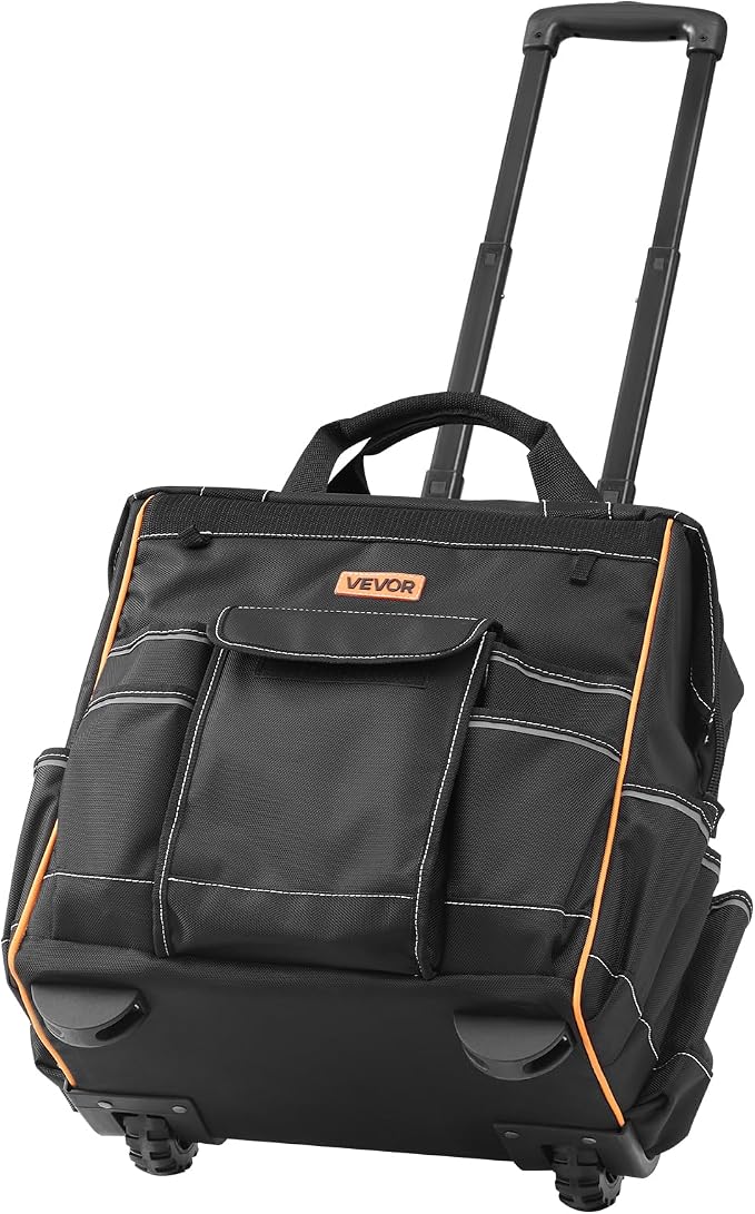 VEVOR 15" Rolling Tool Bag, 110 lbs Load Capacity, 25 Pockets Heavy Duty Roller Tool Bag on Wheels, Adjustable Telescoping Handle & Stable Base, Toolbag Organizers w/Wheels for Construction, Mechanic