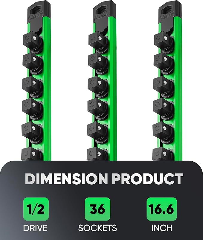 ALOANES Magnetic Socket Organizer Set, 3-Piece Heavy Duty Aluminum Socket Rails, 360° Swivel Clips Socket Rail Kit for Tool Tray Drawer Fit 1/2-Inch x 36 Clips (Green, 3PC)
