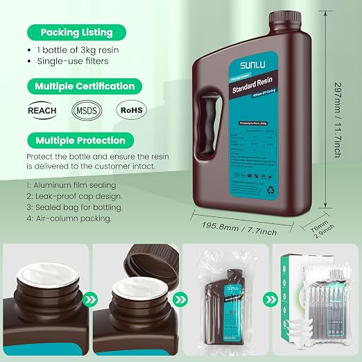 SUNLU 3D Printer Resin 3kg, Fast Curing Standard 3D Resin for Most Resin 3D Printers, 395 to 405nm UV Curing 3D Printing Liquid Photopolymer Resin, Low Shrinkage and High Precision, 3000g, Black