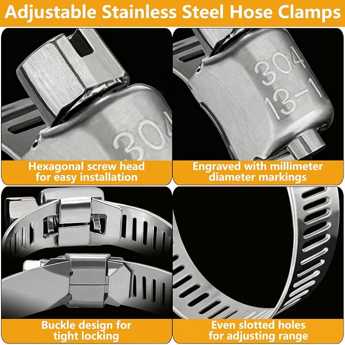 25 Pack Stainless Steel Hose Clamps Assortment Kit, Adjustable 8-57mm Worm Gear Hose Clamp Heavy Duty Duct Pipe Clamp for Plumbing, Fuel Line, Radiator, Mechanical, Automotive Application, Industrial