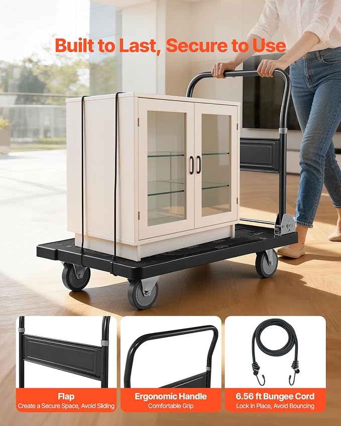 VEVOR Platform Truck Push Cart Dolly, 1000LBS Heavy Duty Folding Platform Truck with 360° Swivel Wheels, Flat Bed Cart with Space Saving Push Handle for Garage/Basement/Office/Warehouse