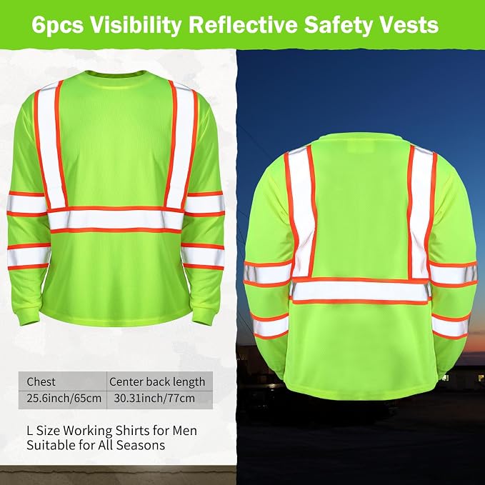 Zhanmai 6 Pack Safety Long Sleeve, Class 3 High Visibility T Shirt with Reflective Strips for Work Surveyor Construction