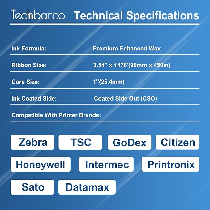 6 Rolls 3.54" x 1476' Premium Enhanced Wax Thermal Transfer Ribbon, 90mm x 450m Black Industrial Barcode Label Printer Ribbon - Compatible with Zebra, TSC, GoDex, Citizen, 1" Core