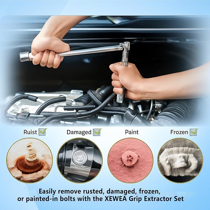 XEWEA Professional 14PCS Bolt Extractor Set, 3/8" Drive Impact Stripped Bolt Remover Socket Set for Removing Damaged Broken Rounded Off Bolt & Nut, Impact Grade Cr-Mo Steel with Case Father's Day Gift