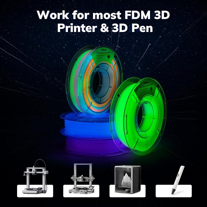 AMOLEN Glow in The Dark 3D Printer Filament Bundle, Glow Filament Multicolor, 5 Meter Rainbow, Green, Blue and Blue-Purple, 1.75mm PLA Filament, Dimensional Accuracy +/- 0.02 mm, 200g X 4 Pack