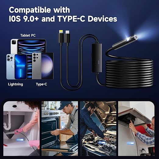 Endoscope Camera with Light, Dual-Lens 1920P HD Borescope with 8+1 Adjustable LED Lights, IP67 Waterproof Inspection Camera 16.5FT Semi-Rigid Snake Camera for iOS & Android (2 Interface)