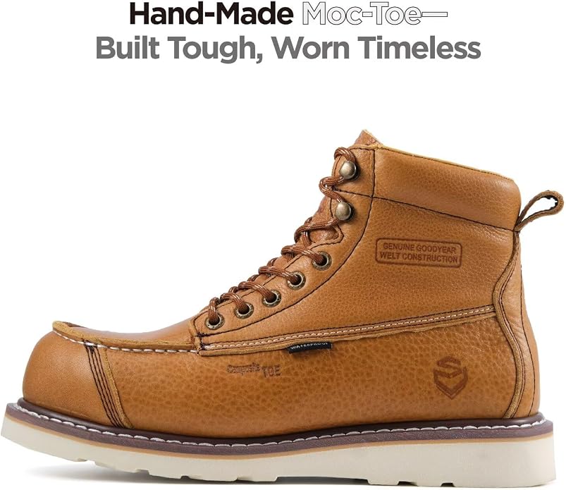 SUREWAY Mens 6" Heavy Duty Waterproof Work Boots - Composite Toe, EH Construction Industrial Safety Leather Boots, Lace Up Moc Toe, Oil/Slip Resistant Comfortable Outsole