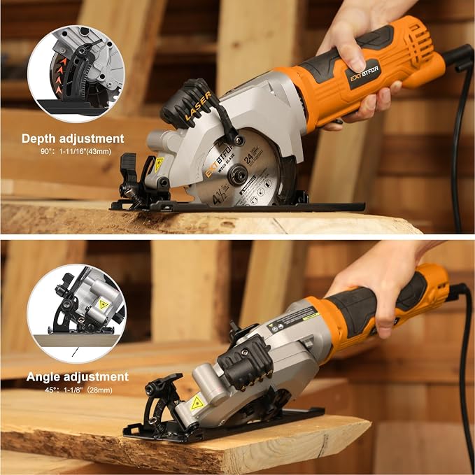 4.8A Power Circular Saw Corded,4000RPM Laser Guide 45° Max Angle Adjustment | Mini Circular Saw Maximum Cutting 1-11/16" at 90° and 1-1/8"at 45° for Wood, Soft Metal, Plastic