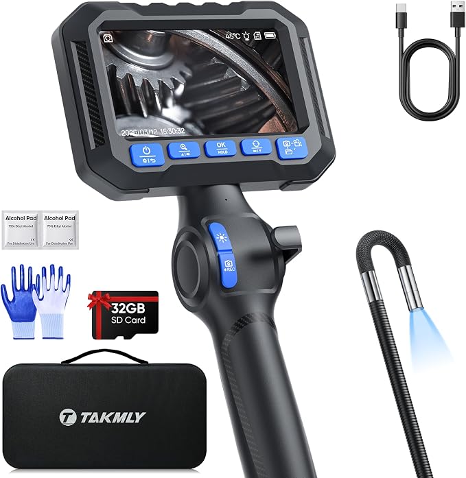 T Takmly Two-Way Articulating Borescope with Light, 210° Steerable 1080P Endoscope Camera, 0.23inch Semi-Rigid Snake Scope, 4.3" IPS Screen, 32GB, 5.5FT for Automotive Engine HVAC Wall Mechanics