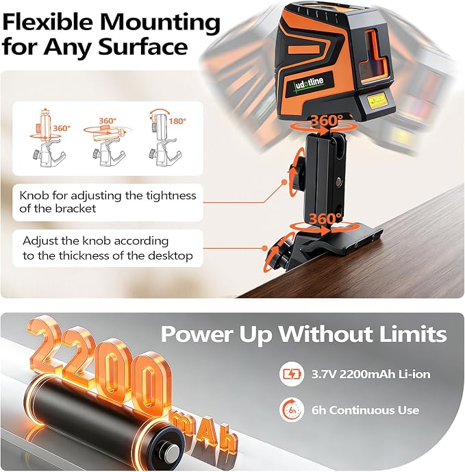 Lasers Level 2-Cross Line Green Self-Leveling Lazer leveler tools | Universal adjustable clamp mount, 2200mAh Li-ion battery, Type-C rechargeable. For cabinet install & minor home renovation.