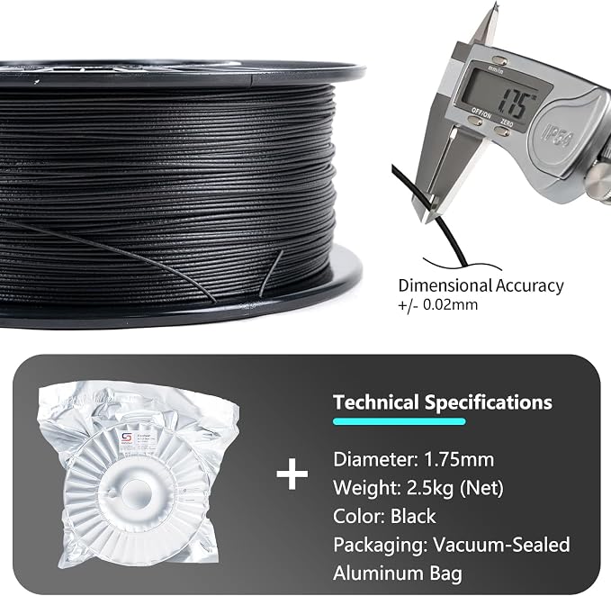 Siraya Tech Fibreheart PET-CF 3D Filament - Carbon Fiber Reinforced, Large 2.5kg Spool for Industrial & Print Farms, High Strength & Rigidity, Easy Printing, Dimensionally Stable (Black, 2.5kg)