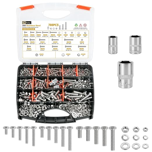 788PCS 18-8(304) Stailess Steel Hex Bolt Assortment Kit, Heavy Duty Bolts and Nuts Kit, 1/4-20 5/16-18 3/8-16 SAE Hex Cap Screws Nuts Washers, Comes with 3 Bits Plated