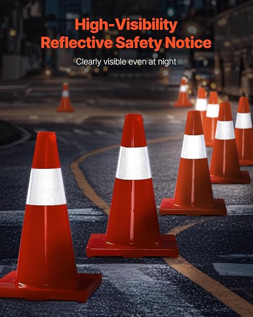 VEVOR 12Pack 18" Traffic Cones, Safety Road Parking Cones PVC Base, Orange Traffic Cone with Reflective Collars, Hazard Construction Cones for Home Traffic Parking