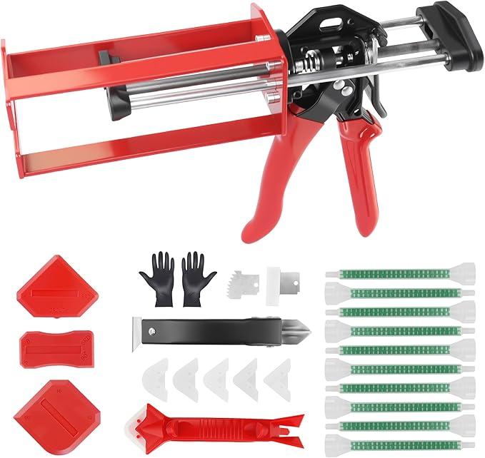 200ml Dual Cartridge Epoxy Gun All Metal Heavy Duty Epoxy Applicator for 1:1 & 2:1 Mix Ratio Professional Panel Bonding Caulking Gun for Auto Body Repair Structural Adhesive & Construction Red
