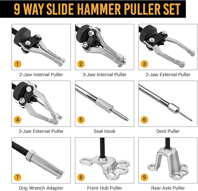 EWK 9-Way Slide Hammer Puller Set, 5 lb Slide Hammer Wheel Hub Puller CV Axle & Rear Axle Bearing Remover, Front Wheel Hub Dent Puller Kit for Bearings Bushings Seals Gears